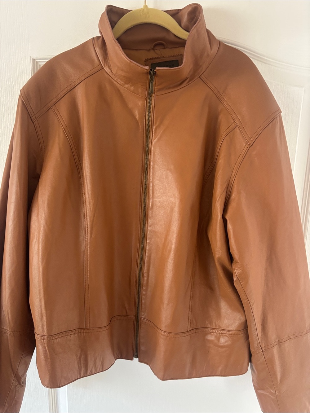 VINTAGE Women's Funnel Neck Leather Jacket - Warm Carmel SZ 3X - Picture 14 of 15